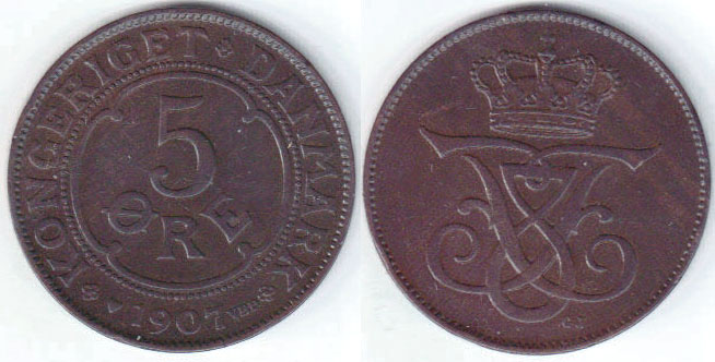 1907 Denmark 5 Ore A003044  1907 Denmark 5 Ore A003044